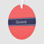 Solid Coral Red, Navy Blue Ribbon Name Monogram Ornament (Vorderseite)