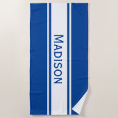 Solid Deep Blue White Stripes Moderner Name Strandtuch (Vorderseite)