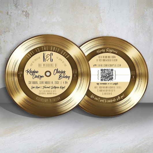 Solid Gold Vinyl Record Monogram Music Wedding Einladung
