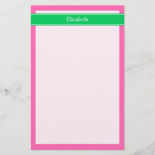 Solid Hot Pink #2 Emerald Green Rbn Name Monogram Briefpapier