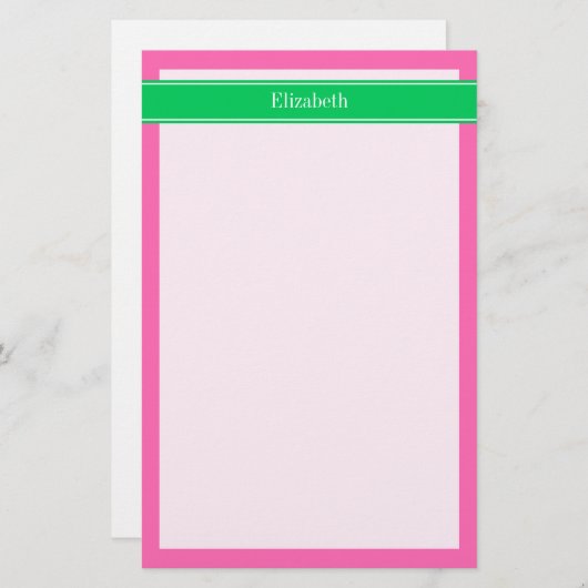 Solid Hot Pink #2 Emerald Green Rbn Name Monogram Briefpapier (Vorne/Hinten)