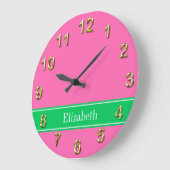 Solid Hot Pink #2 Emerald Green Rbn Name Monogram Große Wanduhr (Winkel)