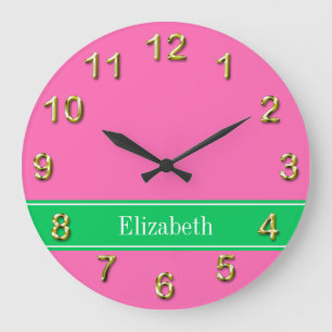 Solid Hot Pink #2 Emerald Green Rbn Name Monogram Große Wanduhr