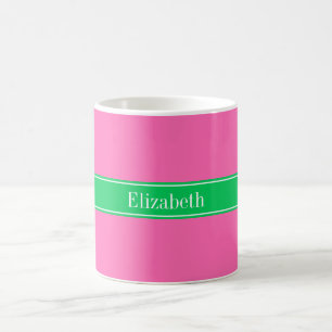Solid Hot Pink #2 Emerald Green Rbn Name Monogram Kaffeetasse