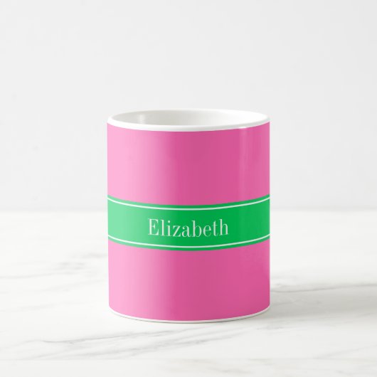 Solid Hot Pink #2 Emerald Green Rbn Name Monogram Kaffeetasse (Mittel)
