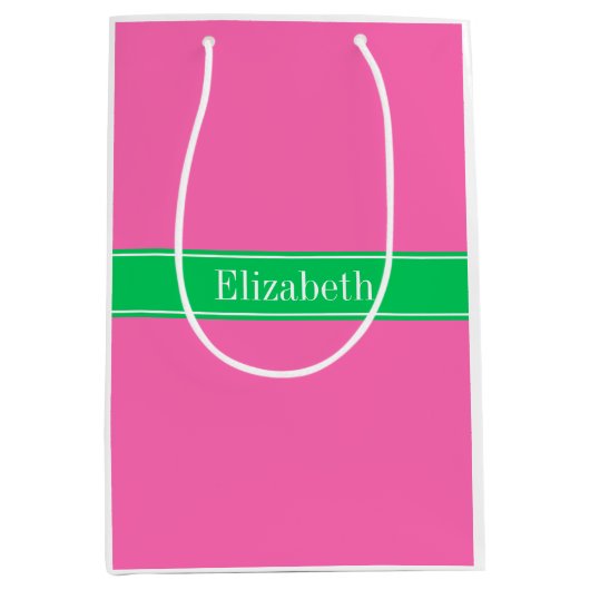 Solid Hot Pink #2 Emerald Green Rbn Name Monogram Mittlere Geschenktüte (Vorderseite)