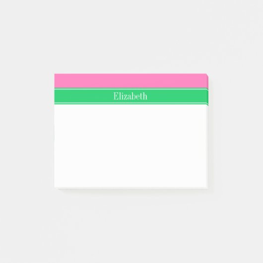 Solid Hot Pink #2 Emerald Green Rbn Name Monogram Post-it Klebezettel (Vorderseite)
