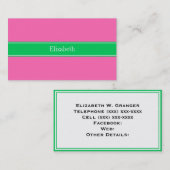 Solid Hot Pink #2 Emerald Green Rbn Name Monogram Visitenkarte (Vorne/Hinten)