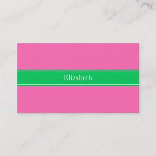 Solid Hot Pink #2 Emerald Green Rbn Name Monogram Visitenkarte (Vorderseite)