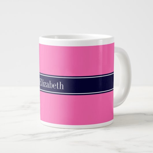 Solid Hot Pink #2, Navy Blue Ribbon Name Monogram Jumbo-Tasse (Vorderseite Rechts)