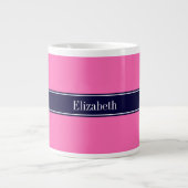 Solid Hot Pink #2, Navy Blue Ribbon Name Monogram Jumbo-Tasse (Vorderseite)