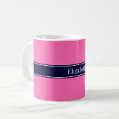 Solid Hot Pink #2, Navy Blue Ribbon Name Monogram Kaffeetasse (Vorderseite Links)