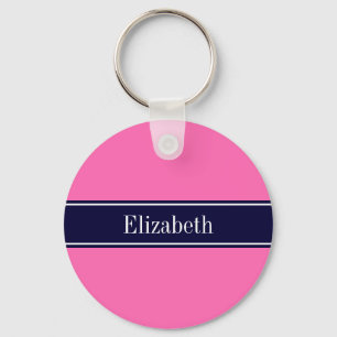 Solid Hot Pink #2, Navy Blue Ribbon Name Monogram Schlüsselanhänger