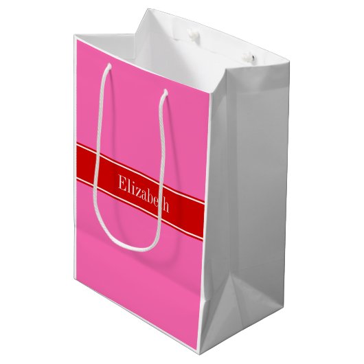 Solid Hot Pink #2 Red Rbn Name Monogram Mittlere Geschenktüte (Vorderseite Schrägansicht)