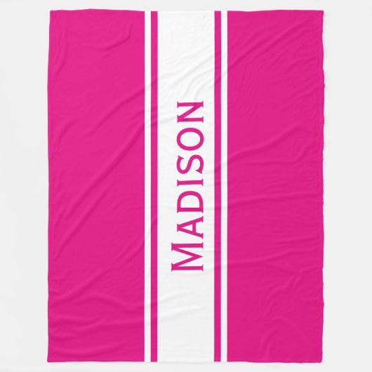 Solid Hot Pink White Stripes Moderner Name Fleecedecke (Vorderseite)
