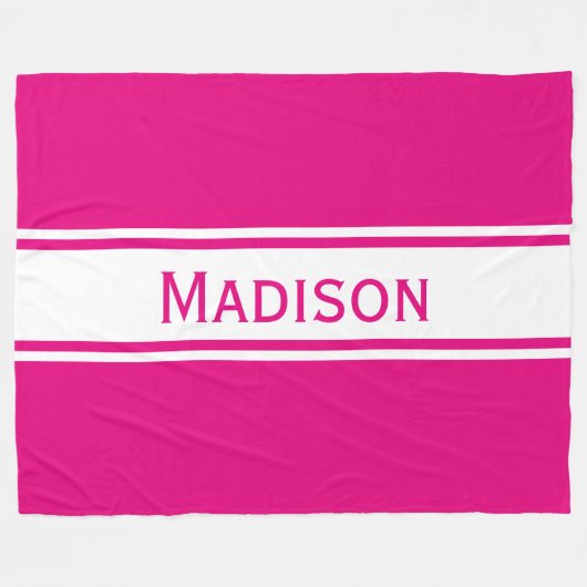 Solid Hot Pink White Stripes Moderner Name Fleecedecke (Vorderseite (Horizontal))