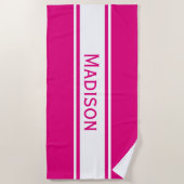 Solid Hot Pink White Stripes Moderner Name Strandtuch (Vorderseite)