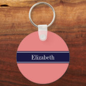 Solid Light Coral, Navy Blue Ribbon Name Monogram Schlüsselanhänger (Vorderseite)