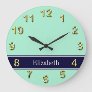 Solid Light Mint, Navy Blue Ribbon Name Monogram Große Wanduhr