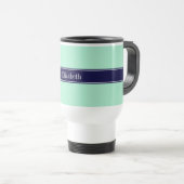 Solid Light Mint, Navy Blue Ribbon Name Monogram Reisebecher (VorderseiteRechts)