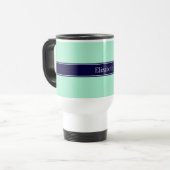 Solid Light Mint, Navy Blue Ribbon Name Monogram Reisebecher (Vorderseite Links)
