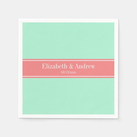Solid Lt Mint, Lt Coral Ribbon Name Monogramm Serviette (Vorderseite)