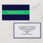 Solid Navy Blue Emerald Green Ribbon Name Monogram Visitenkarte (Vorne/Hinten)