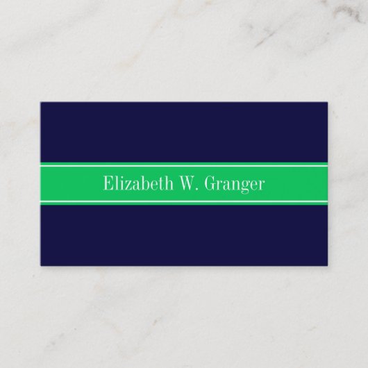 Solid Navy Blue Emerald Green Ribbon Name Monogram Visitenkarte (Vorderseite)