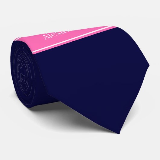 Solid Navy Blue Hot Pink #2 Multiband Name Monogra Krawatte (Gerollt)
