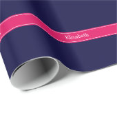 Solid Navy Blue, Raspberry Ribbon Name Monogram Geschenkpapier (Rolleneckpunkt)