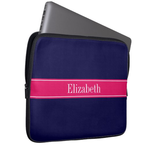 Solid Navy Blue, Raspberry Ribbon Name Monogram Laptopschutzhülle (Vorne Rechts)