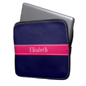 Solid Navy Blue, Raspberry Ribbon Name Monogram Laptopschutzhülle (Vorderseite Links)