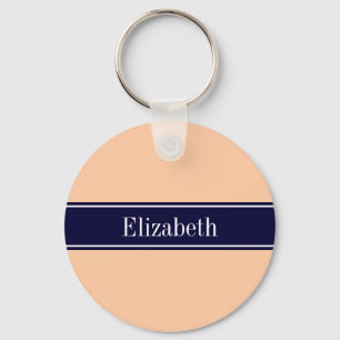 Solid Peach, Navy Blue Ribbon Name Monogram Schlüsselanhänger