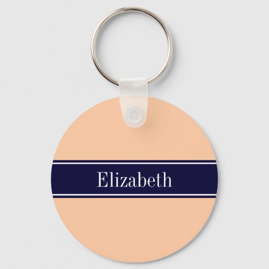 Solid Peach, Navy Blue Ribbon Name Monogram Schlüsselanhänger (Vorderseite)