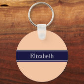 Solid Peach, Navy Blue Ribbon Name Monogram Schlüsselanhänger (Vorderseite)