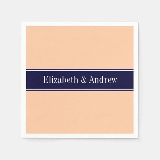 Solid Peach, Navy Blue Ribbon Name Monogram Serviette (Vorderseite)