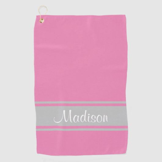 Solid Pink Gray Stripes Script Name Golfhandtuch (Vorderseite)