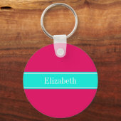 Solide Himbeere, helles Aqua Ribbon Name Monogramm Schlüsselanhänger (Vorderseite)