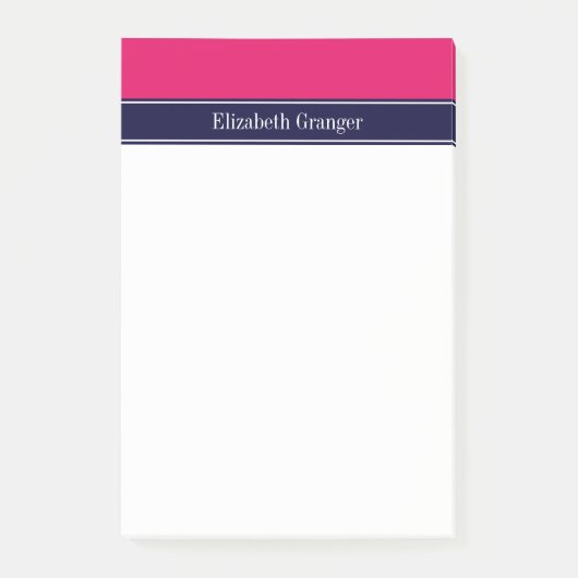 Solide Himbeere, Navy Blue Ribbon Name Monogram Post-it Klebezettel (Vorderseite)