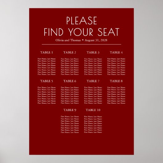 Solides Burgunderrot modernes Hochzeits-Sitzplan Poster (Vorne)