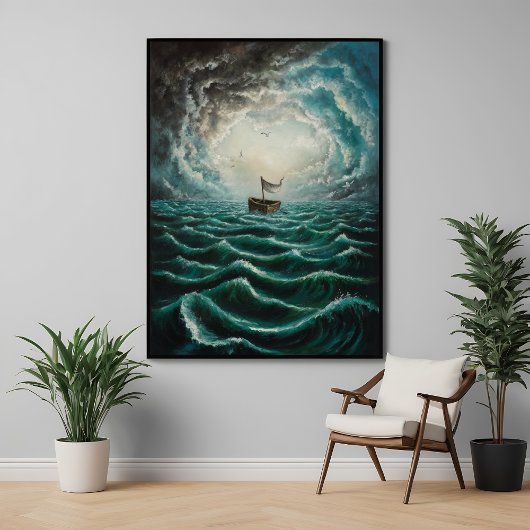 Solitärboot in turbulenter Meereslandschaft Poster