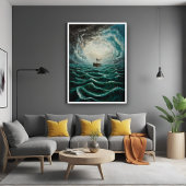 Solitärboot in turbulenter Meereslandschaft Poster