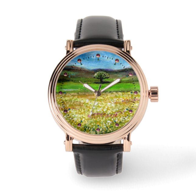 SOLITÄRISCHER BAUM IM FELD DER GRÜNGELBEN BLUME ARMBANDUHR (Vorderseite)