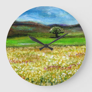 SOLITÄRISCHER BAUM IM FELD DER GRÜNGELBEN BLUME GROßE WANDUHR