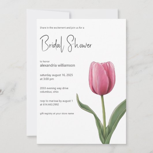 Solitary Pink Tulip Brautparty Einladung (Vorderseite)