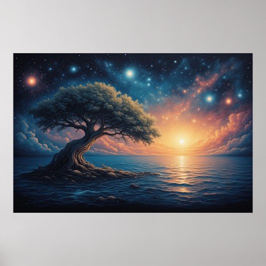 Solitary Tree on Ocean at Sunset 🌅 Starry Fantasy Poster (Vorne)