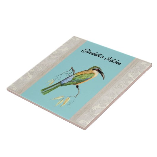 Somali Bee Eater Bird mit Namen auf Aqua Fliese (Seite)