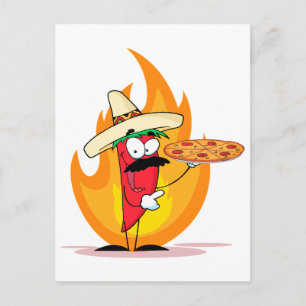 Sombrero Chile Chili Pepper hält Pizza hoch Postkarte