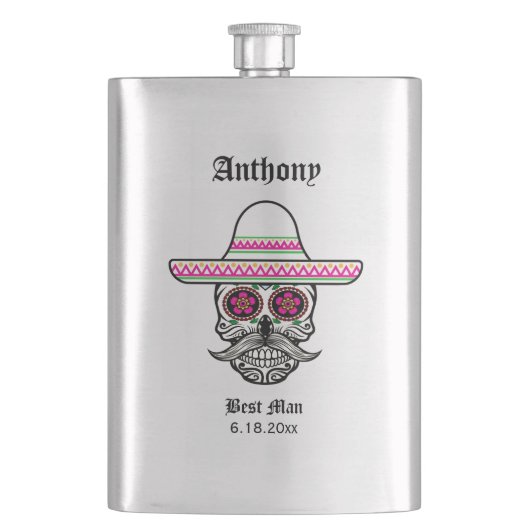 Sombrero-Zuckerschädel| Trauzeuge Hochzeitsgeschen Flachmann (Vorderseite)