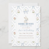 Some Bunny Blue Floral Stripe 1st Birthday Einladung (Vorderseite)